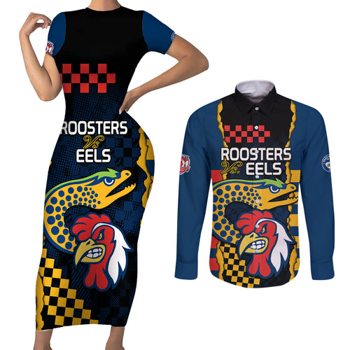nrl-eels-combine-roosters-rugby-couples-matching-short-sleeve-bodycon-dress-and-long-sleeve-button-shirts-sporty-style