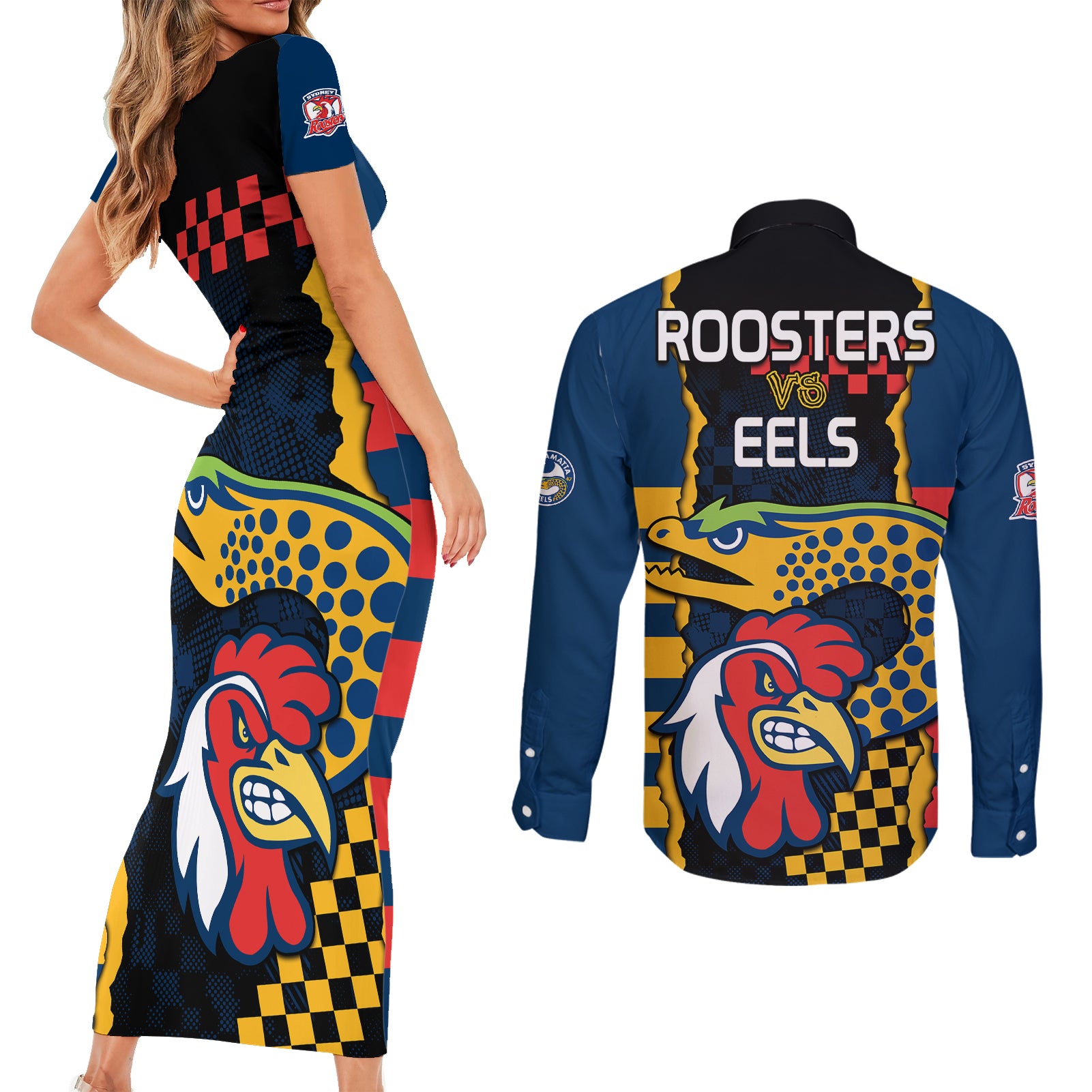 nrl-eels-combine-roosters-rugby-couples-matching-short-sleeve-bodycon-dress-and-long-sleeve-button-shirts-sporty-style