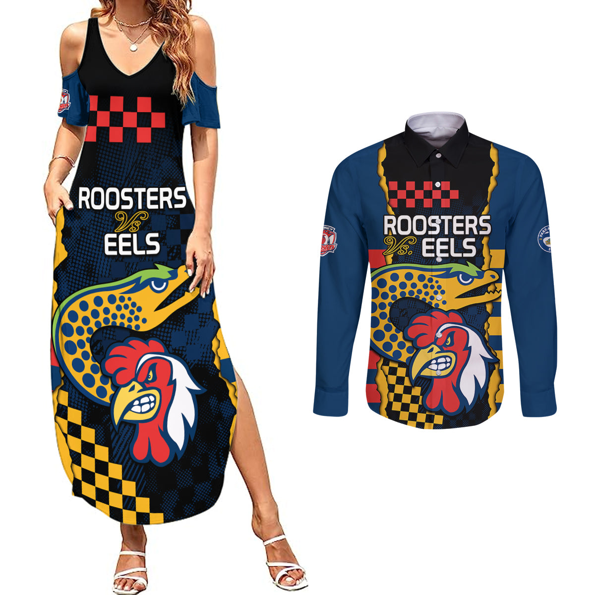 nrl-eels-combine-roosters-rugby-couples-matching-summer-maxi-dress-and-long-sleeve-button-shirts-sporty-style