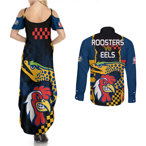 nrl-eels-combine-roosters-rugby-couples-matching-summer-maxi-dress-and-long-sleeve-button-shirts-sporty-style