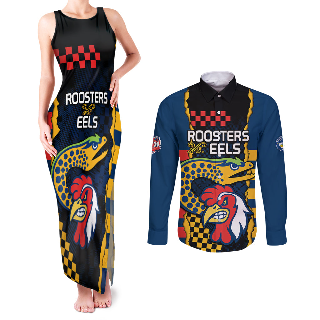 nrl-eels-combine-roosters-rugby-couples-matching-tank-maxi-dress-and-long-sleeve-button-shirts-sporty-style