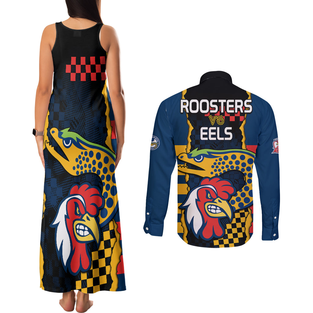 nrl-eels-combine-roosters-rugby-couples-matching-tank-maxi-dress-and-long-sleeve-button-shirts-sporty-style