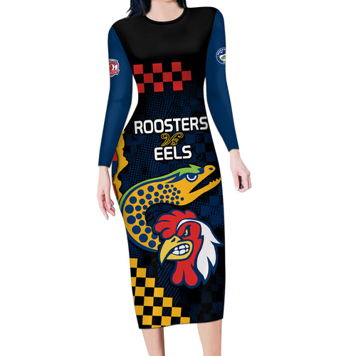 nrl-eels-combine-roosters-rugby-long-sleeve-bodycon-dress-sporty-style