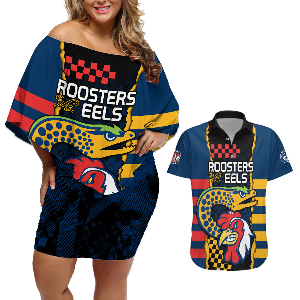 custom-nrl-eels-combine-roosters-rugby-couples-matching-off-shoulder-short-dress-and-hawaiian-shirt-sporty-style