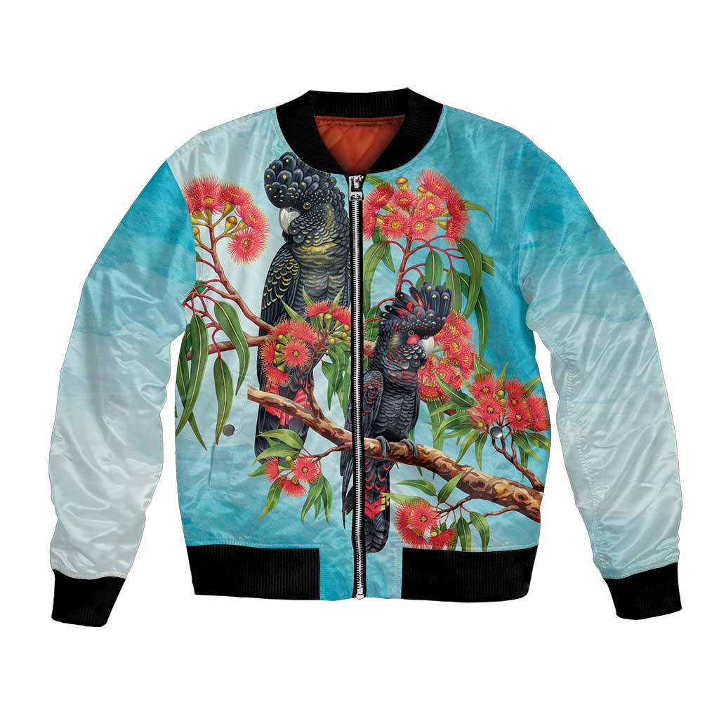 Australia Black Cockatoo and Eucalyptus Bomber Jacket Blue Spirit of Aussie Native Bird - Aussie Hoodie