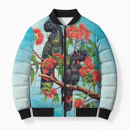 Australia Black Cockatoo and Eucalyptus Bomber Puffer Jacket Blue Spirit of Aussie Native Bird - Aussie Hoodie