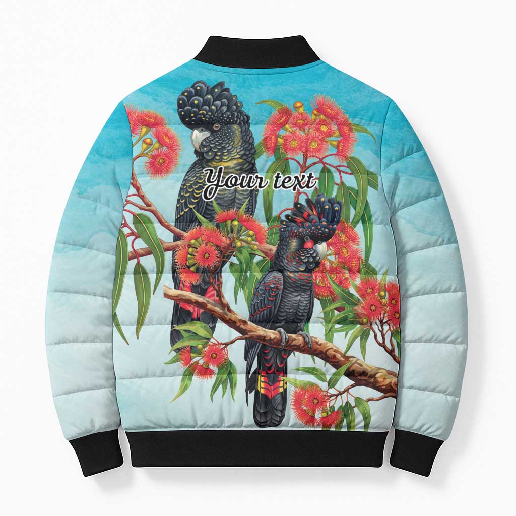 Australia Black Cockatoo and Eucalyptus Bomber Puffer Jacket Blue Spirit of Aussie Native Bird - Aussie Hoodie
