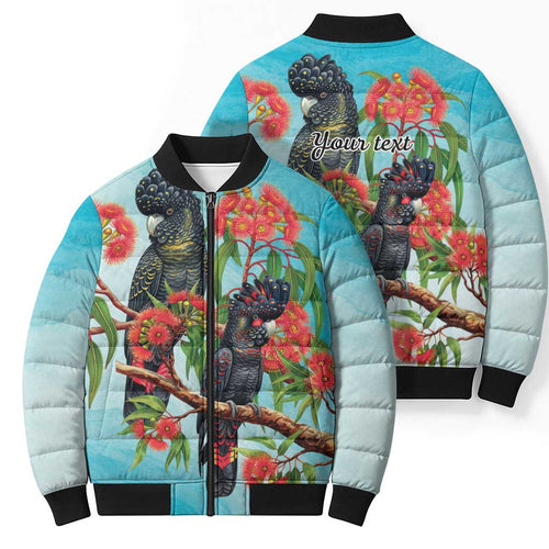 Australia Black Cockatoo and Eucalyptus Bomber Puffer Jacket Blue Spirit of Aussie Native Bird - Aussie Hoodie