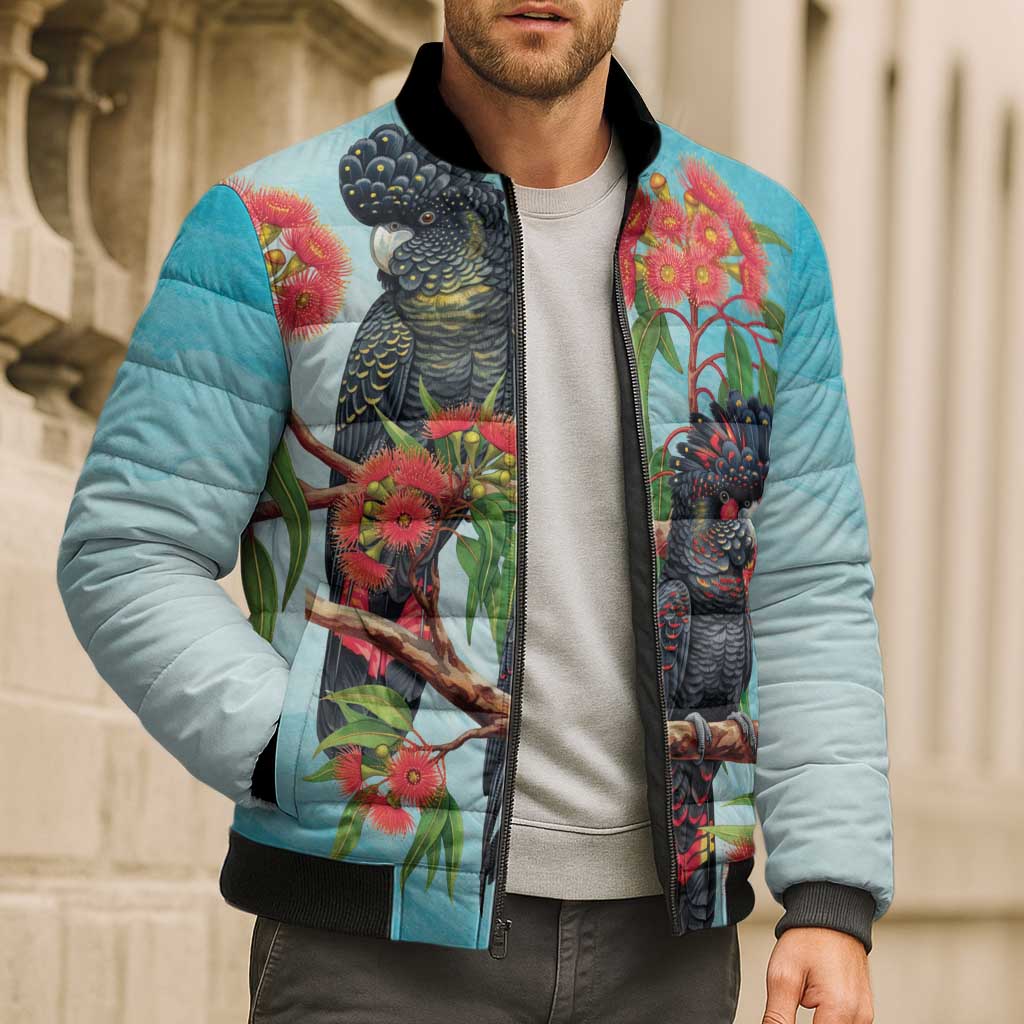 Australia Black Cockatoo and Eucalyptus Bomber Puffer Jacket Blue Spirit of Aussie Native Bird - Aussie Hoodie