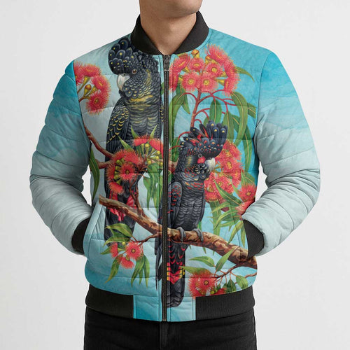 Australia Black Cockatoo and Eucalyptus Bomber Puffer Jacket Blue Spirit of Aussie Native Bird - Aussie Hoodie