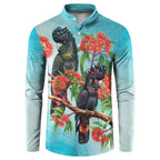 Australia Black Cockatoo and Eucalyptus Button Sweatshirt Blue Spirit of Aussie Native Bird - Aussie Hoodie