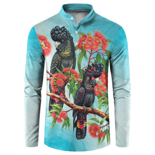 Australia Black Cockatoo and Eucalyptus Button Sweatshirt Blue Spirit of Aussie Native Bird - Aussie Hoodie