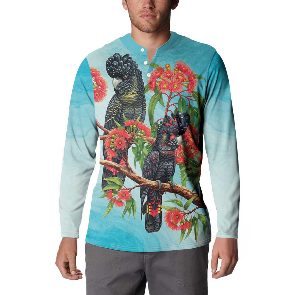 Australia Black Cockatoo and Eucalyptus Button Sweatshirt Blue Spirit of Aussie Native Bird - Aussie Hoodie
