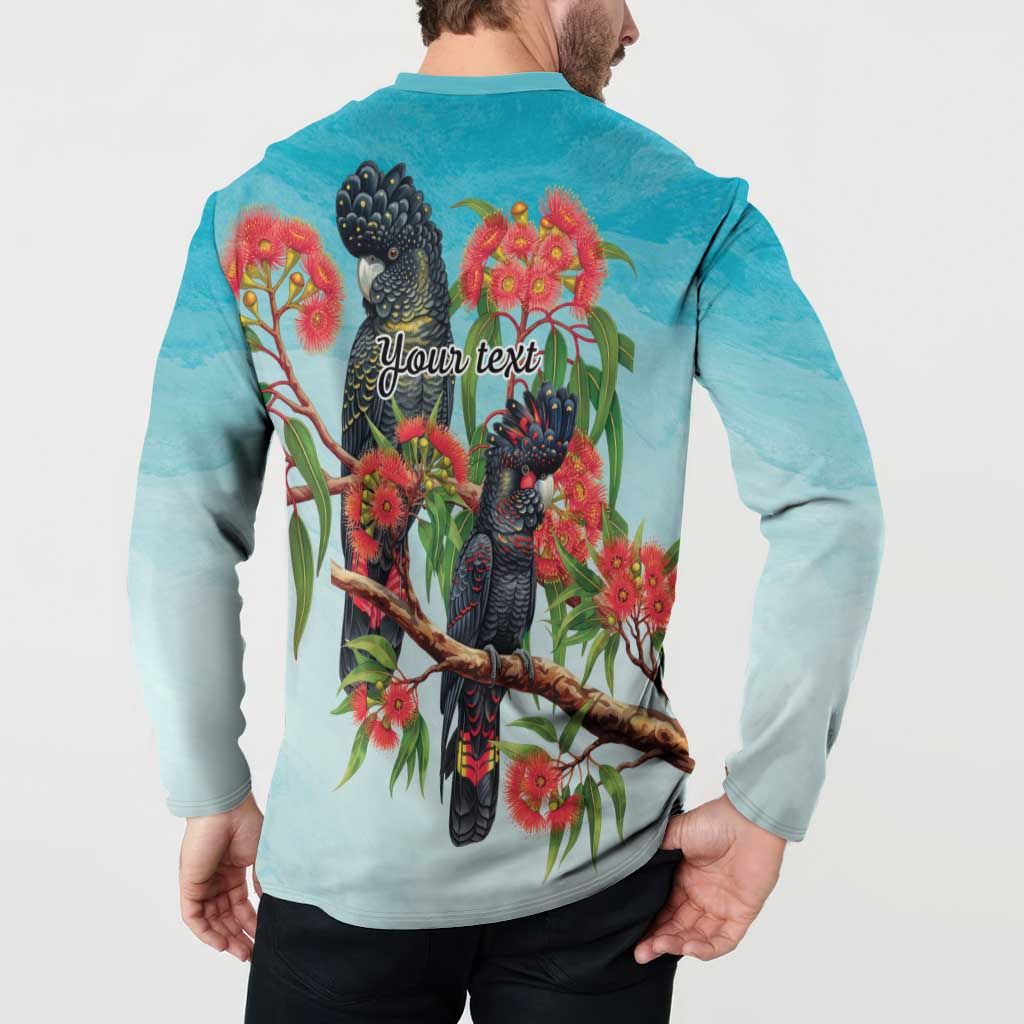 Australia Black Cockatoo and Eucalyptus Button Sweatshirt Blue Spirit of Aussie Native Bird - Aussie Hoodie