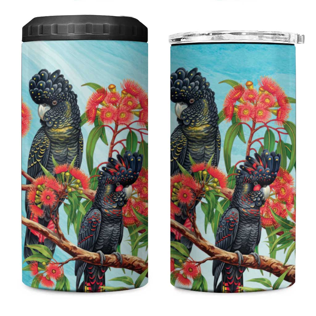 Australia Black Cockatoo and Eucalyptus 4 in 1 Can Cooler Tumbler Blue Spirit of Aussie Native Bird - Aussie Hoodie