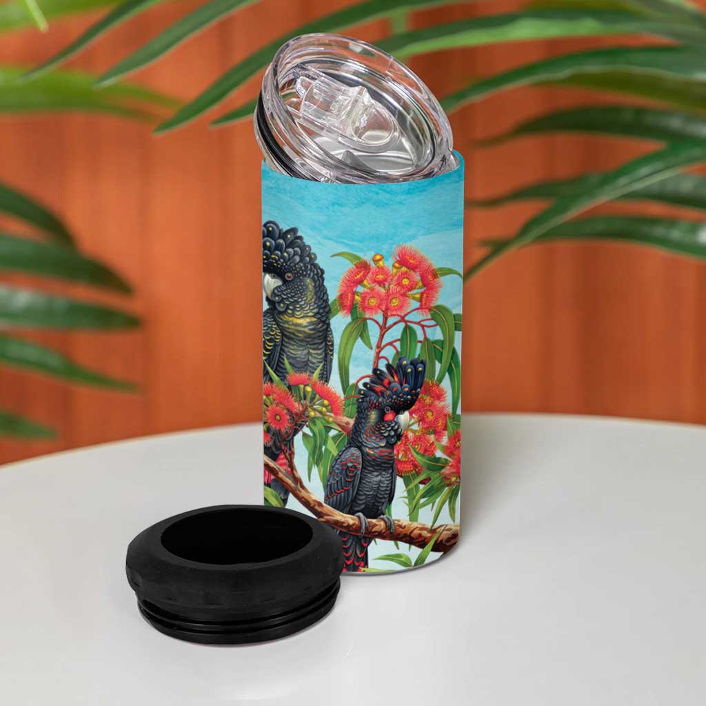 Australia Black Cockatoo and Eucalyptus 4 in 1 Can Cooler Tumbler Blue Spirit of Aussie Native Bird - Aussie Hoodie