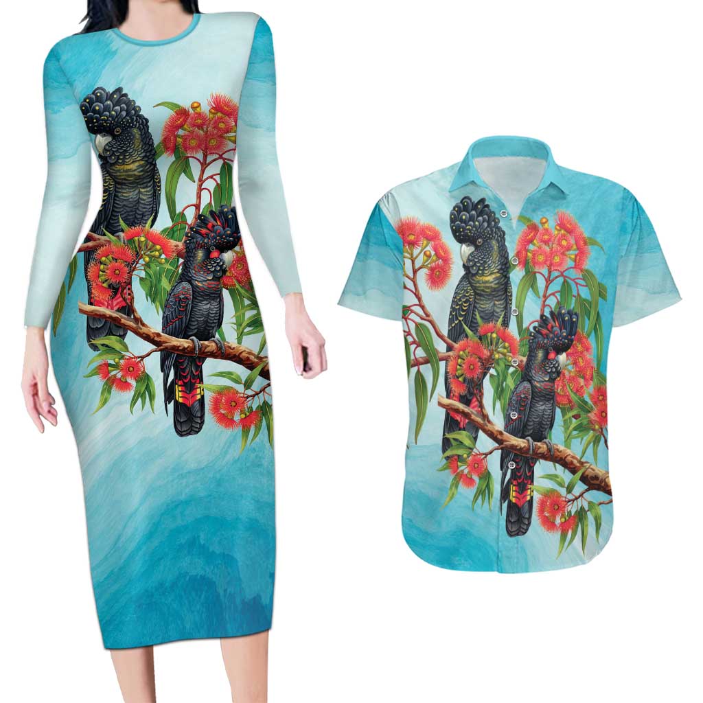 Australia Black Cockatoo and Eucalyptus Couples Matching Long Sleeve Bodycon Dress and Hawaiian Shirt Blue Spirit of Aussie Native Bird - Aussie Hoodie