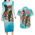 Australia Black Cockatoo and Eucalyptus Couples Matching Long Sleeve Bodycon Dress and Hawaiian Shirt Blue Spirit of Aussie Native Bird - Aussie Hoodie