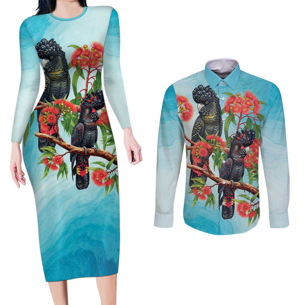 Australia Black Cockatoo and Eucalyptus Couples Matching Long Sleeve Bodycon Dress and Long Sleeve Button Shirt Blue Spirit of Aussie Native Bird - Aussie Hoodie
