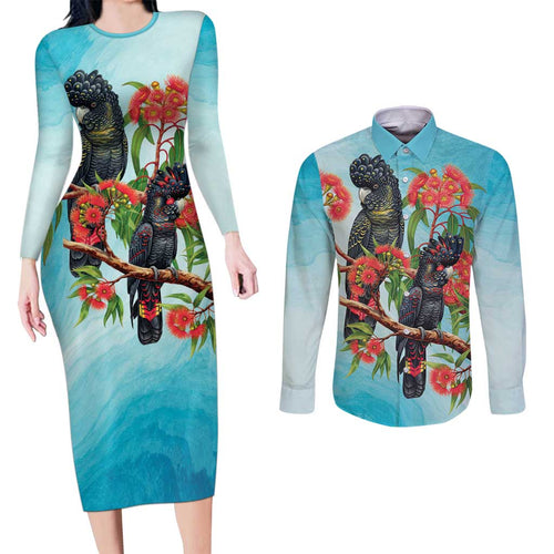 Australia Black Cockatoo and Eucalyptus Couples Matching Long Sleeve Bodycon Dress and Long Sleeve Button Shirt Blue Spirit of Aussie Native Bird - Aussie Hoodie