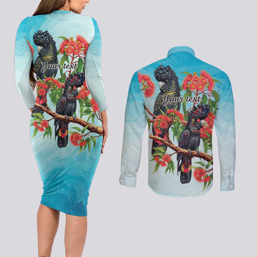 Australia Black Cockatoo and Eucalyptus Couples Matching Long Sleeve Bodycon Dress and Long Sleeve Button Shirt Blue Spirit of Aussie Native Bird - Aussie Hoodie