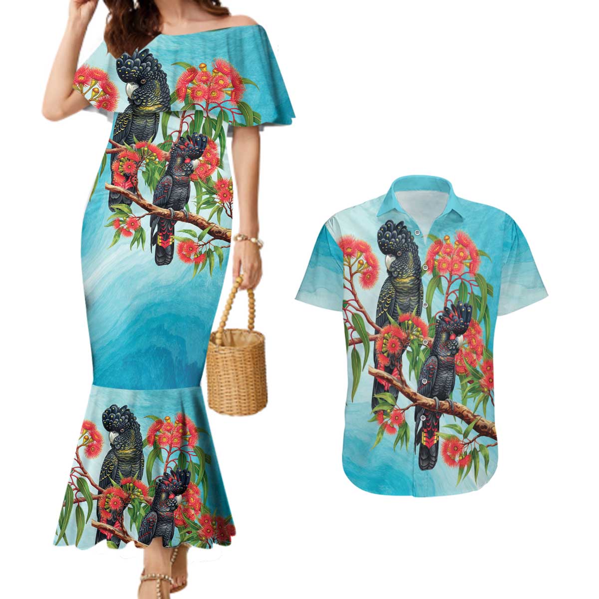 Australia Black Cockatoo and Eucalyptus Couples Matching Mermaid Dress and Hawaiian Shirt Blue Spirit of Aussie Native Bird - Aussie Hoodie