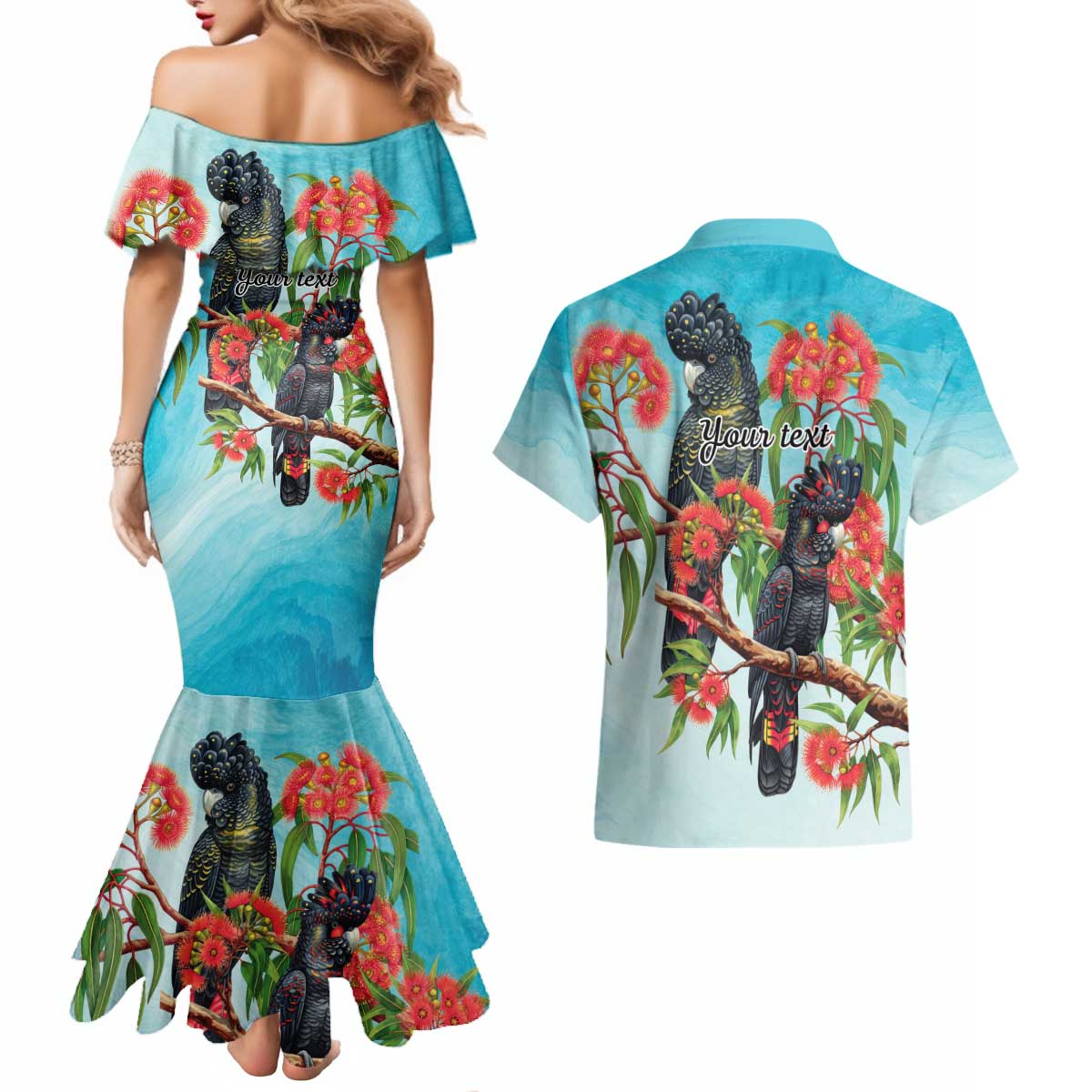 Australia Black Cockatoo and Eucalyptus Couples Matching Mermaid Dress and Hawaiian Shirt Blue Spirit of Aussie Native Bird - Aussie Hoodie