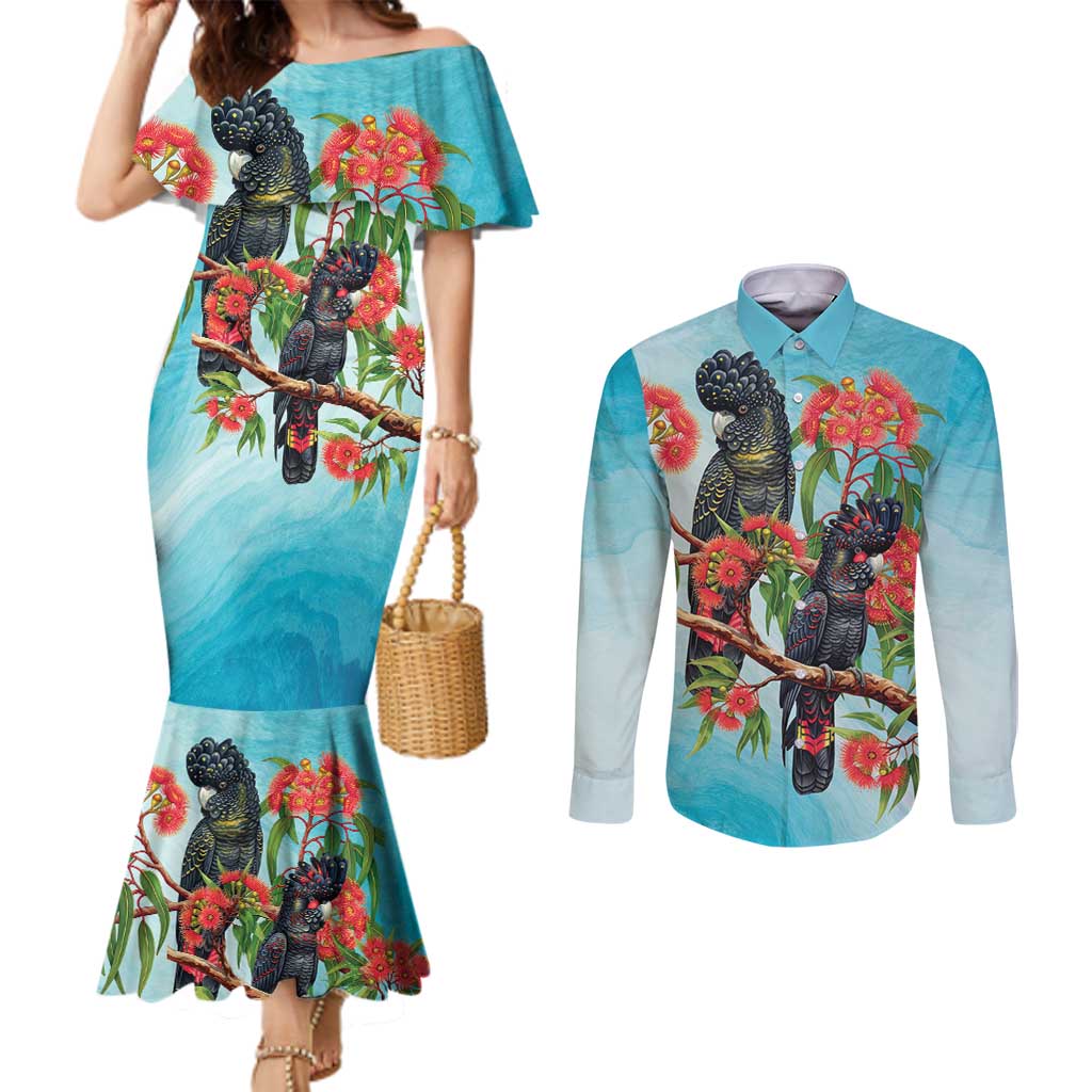 Australia Black Cockatoo and Eucalyptus Couples Matching Mermaid Dress and Long Sleeve Button Shirt Blue Spirit of Aussie Native Bird - Aussie Hoodie