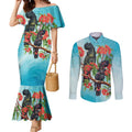 Australia Black Cockatoo and Eucalyptus Couples Matching Mermaid Dress and Long Sleeve Button Shirt Blue Spirit of Aussie Native Bird - Aussie Hoodie