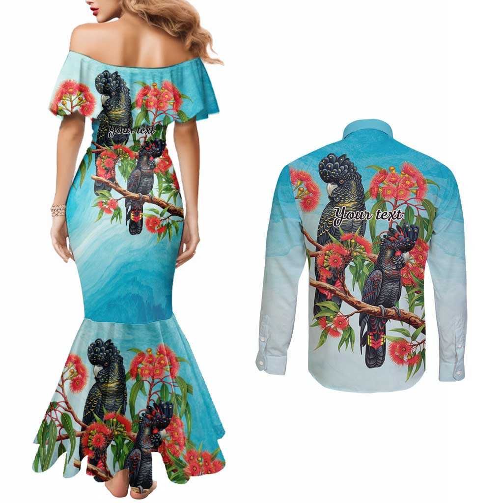 Australia Black Cockatoo and Eucalyptus Couples Matching Mermaid Dress and Long Sleeve Button Shirt Blue Spirit of Aussie Native Bird - Aussie Hoodie