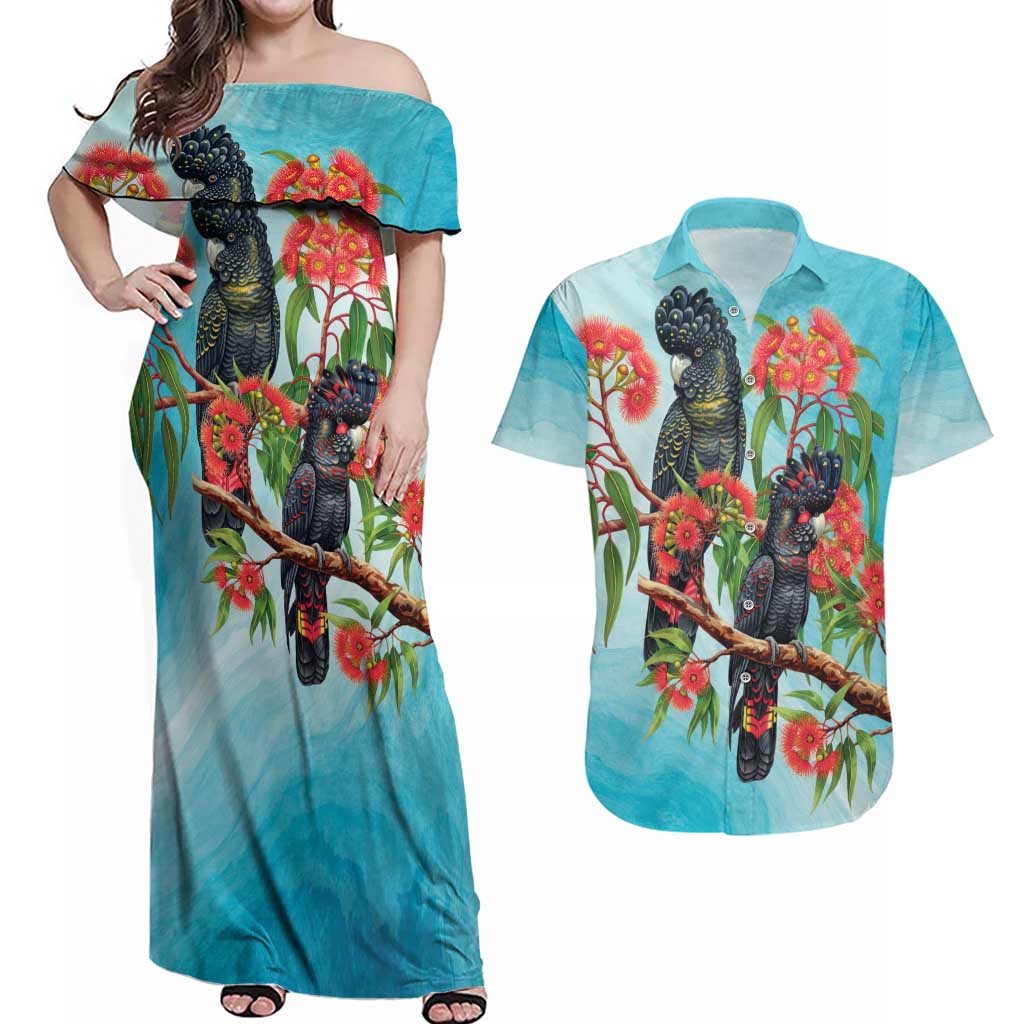 Australia Black Cockatoo and Eucalyptus Couples Matching Off Shoulder Maxi Dress and Hawaiian Shirt Blue Spirit of Aussie Native Bird - Aussie Hoodie