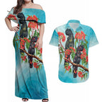 Australia Black Cockatoo and Eucalyptus Couples Matching Off Shoulder Maxi Dress and Hawaiian Shirt Blue Spirit of Aussie Native Bird - Aussie Hoodie
