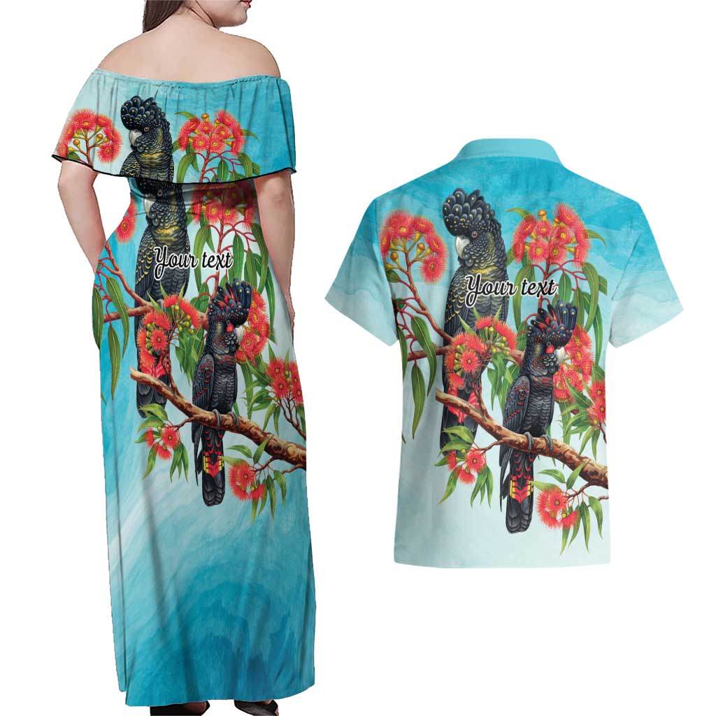 Australia Black Cockatoo and Eucalyptus Couples Matching Off Shoulder Maxi Dress and Hawaiian Shirt Blue Spirit of Aussie Native Bird - Aussie Hoodie