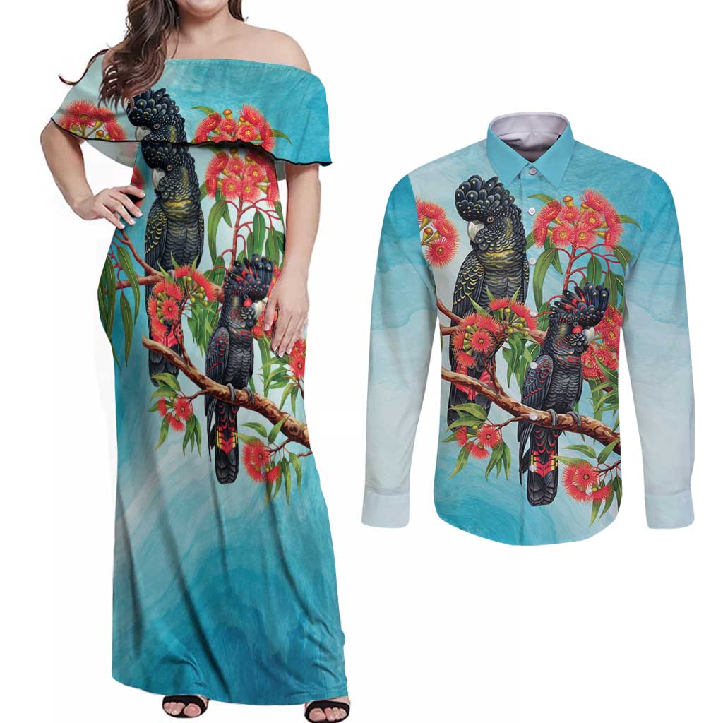 Australia Black Cockatoo and Eucalyptus Couples Matching Off Shoulder Maxi Dress and Long Sleeve Button Shirt Blue Spirit of Aussie Native Bird - Aussie Hoodie