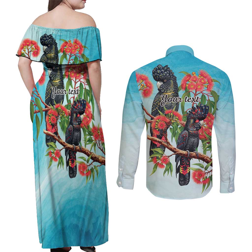 Australia Black Cockatoo and Eucalyptus Couples Matching Off Shoulder Maxi Dress and Long Sleeve Button Shirt Blue Spirit of Aussie Native Bird - Aussie Hoodie