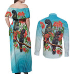 Australia Black Cockatoo and Eucalyptus Couples Matching Off Shoulder Maxi Dress and Long Sleeve Button Shirt Blue Spirit of Aussie Native Bird - Aussie Hoodie