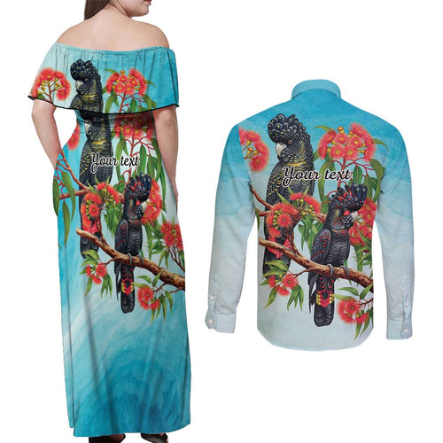 Australia Black Cockatoo and Eucalyptus Couples Matching Off Shoulder Maxi Dress and Long Sleeve Button Shirt Blue Spirit of Aussie Native Bird - Aussie Hoodie