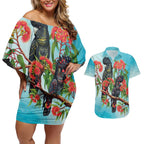 Australia Black Cockatoo and Eucalyptus Couples Matching Off Shoulder Short Dress and Hawaiian Shirt Blue Spirit of Aussie Native Bird - Aussie Hoodie