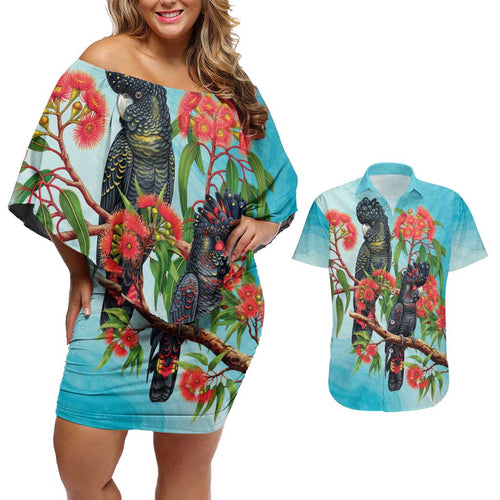 Australia Black Cockatoo and Eucalyptus Couples Matching Off Shoulder Short Dress and Hawaiian Shirt Blue Spirit of Aussie Native Bird - Aussie Hoodie