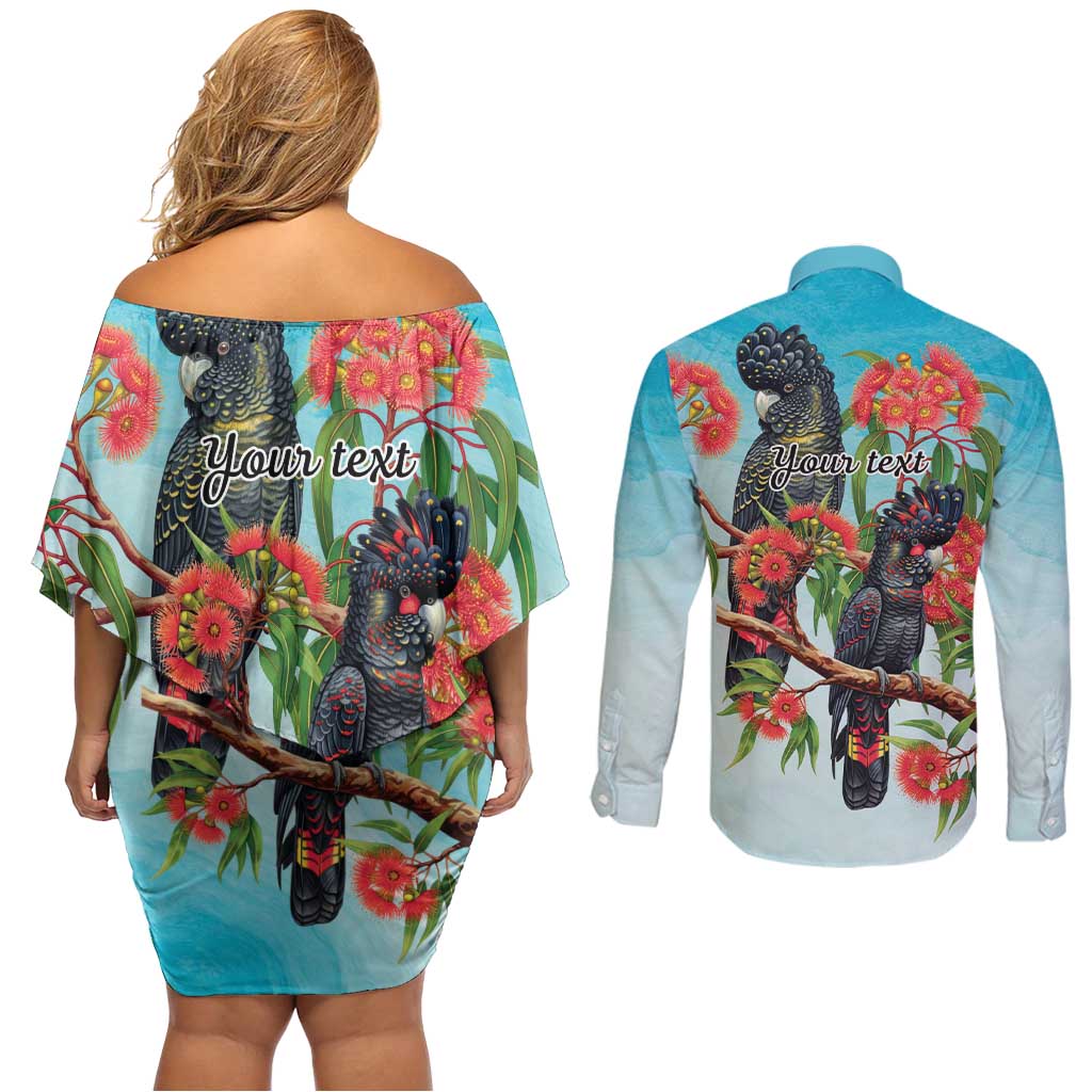 Australia Black Cockatoo and Eucalyptus Couples Matching Off Shoulder Short Dress and Long Sleeve Button Shirt Blue Spirit of Aussie Native Bird - Aussie Hoodie