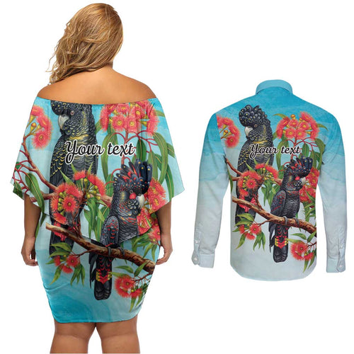 Australia Black Cockatoo and Eucalyptus Couples Matching Off Shoulder Short Dress and Long Sleeve Button Shirt Blue Spirit of Aussie Native Bird - Aussie Hoodie