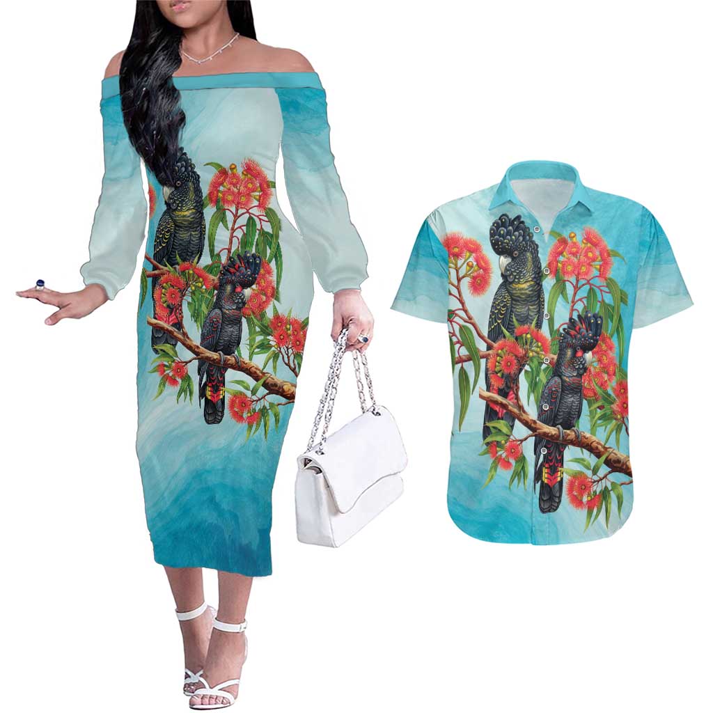 Australia Black Cockatoo and Eucalyptus Couples Matching Off The Shoulder Long Sleeve Dress and Hawaiian Shirt Blue Spirit of Aussie Native Bird - Aussie Hoodie