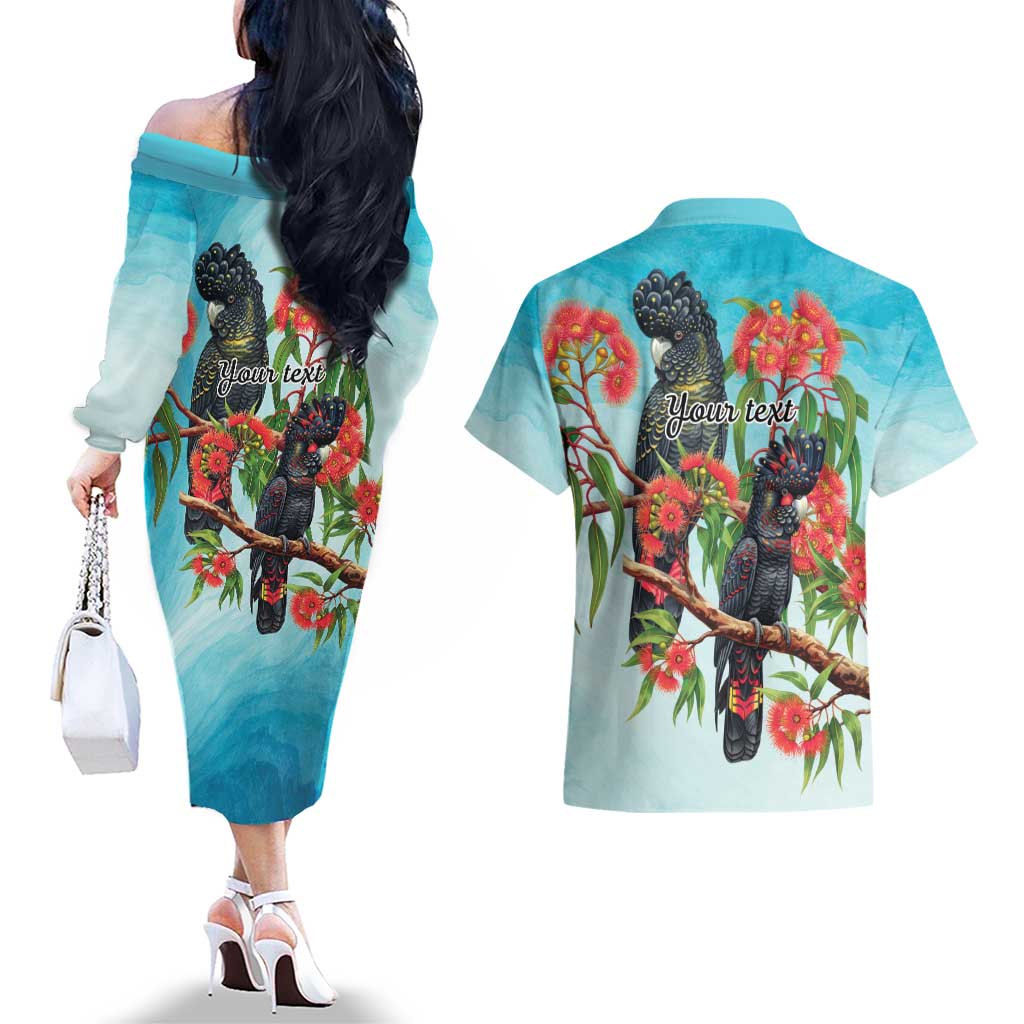 Australia Black Cockatoo and Eucalyptus Couples Matching Off The Shoulder Long Sleeve Dress and Hawaiian Shirt Blue Spirit of Aussie Native Bird - Aussie Hoodie