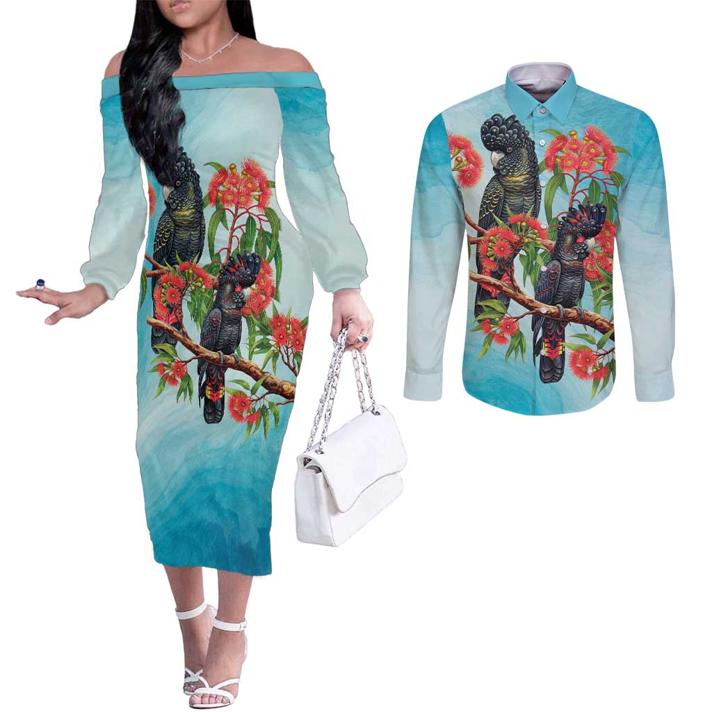 Australia Black Cockatoo and Eucalyptus Couples Matching Off The Shoulder Long Sleeve Dress and Long Sleeve Button Shirt Blue Spirit of Aussie Native Bird - Aussie Hoodie
