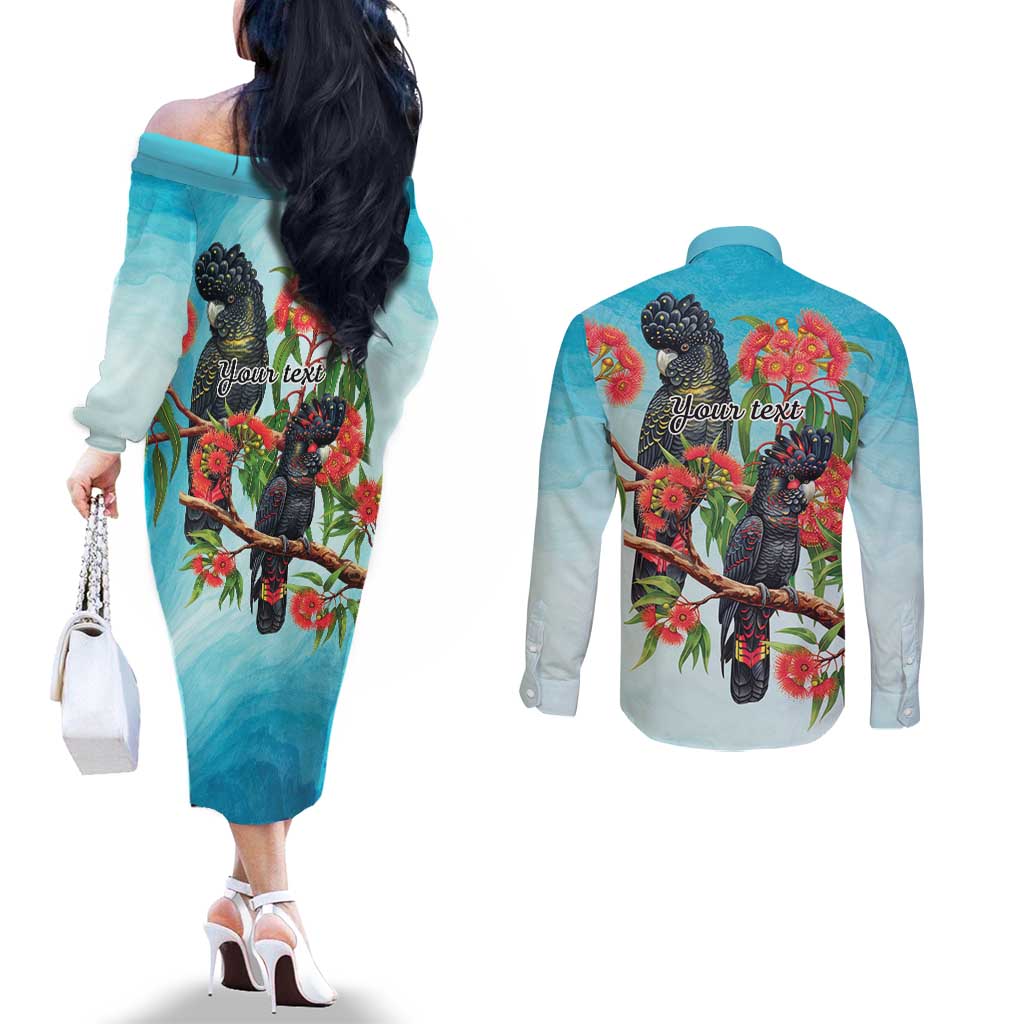Australia Black Cockatoo and Eucalyptus Couples Matching Off The Shoulder Long Sleeve Dress and Long Sleeve Button Shirt Blue Spirit of Aussie Native Bird - Aussie Hoodie