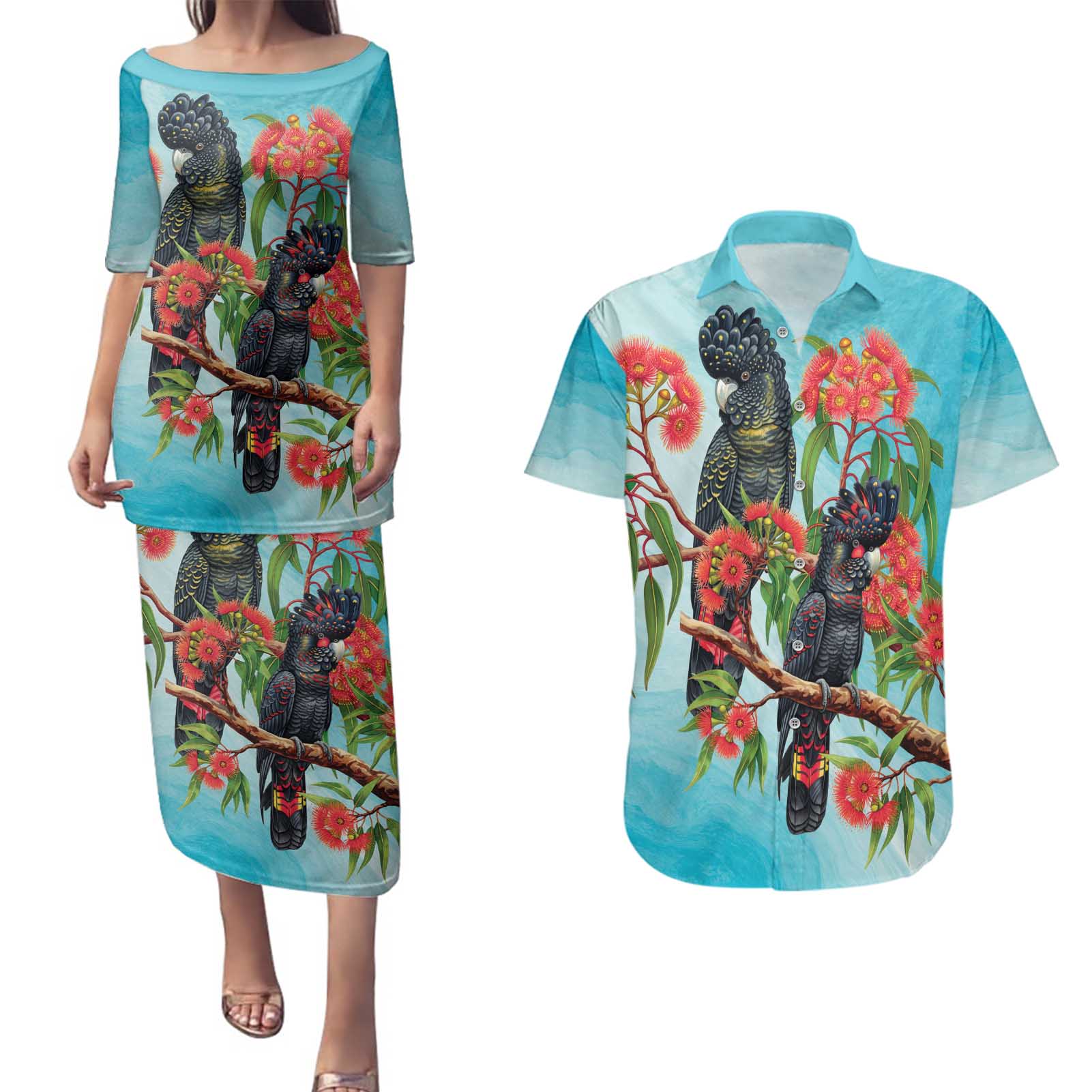 Australia Black Cockatoo and Eucalyptus Couples Matching Puletasi and Hawaiian Shirt Blue Spirit of Aussie Native Bird - Aussie Hoodie