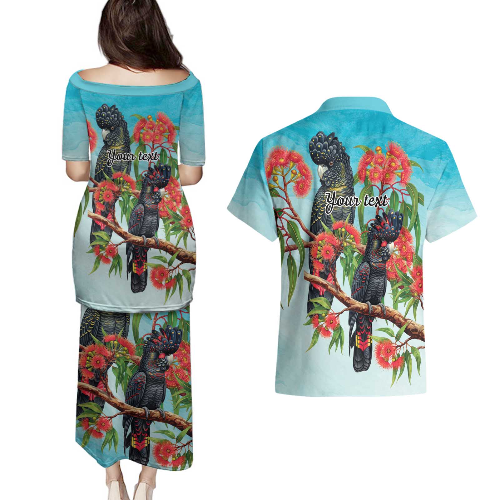 Australia Black Cockatoo and Eucalyptus Couples Matching Puletasi and Hawaiian Shirt Blue Spirit of Aussie Native Bird - Aussie Hoodie