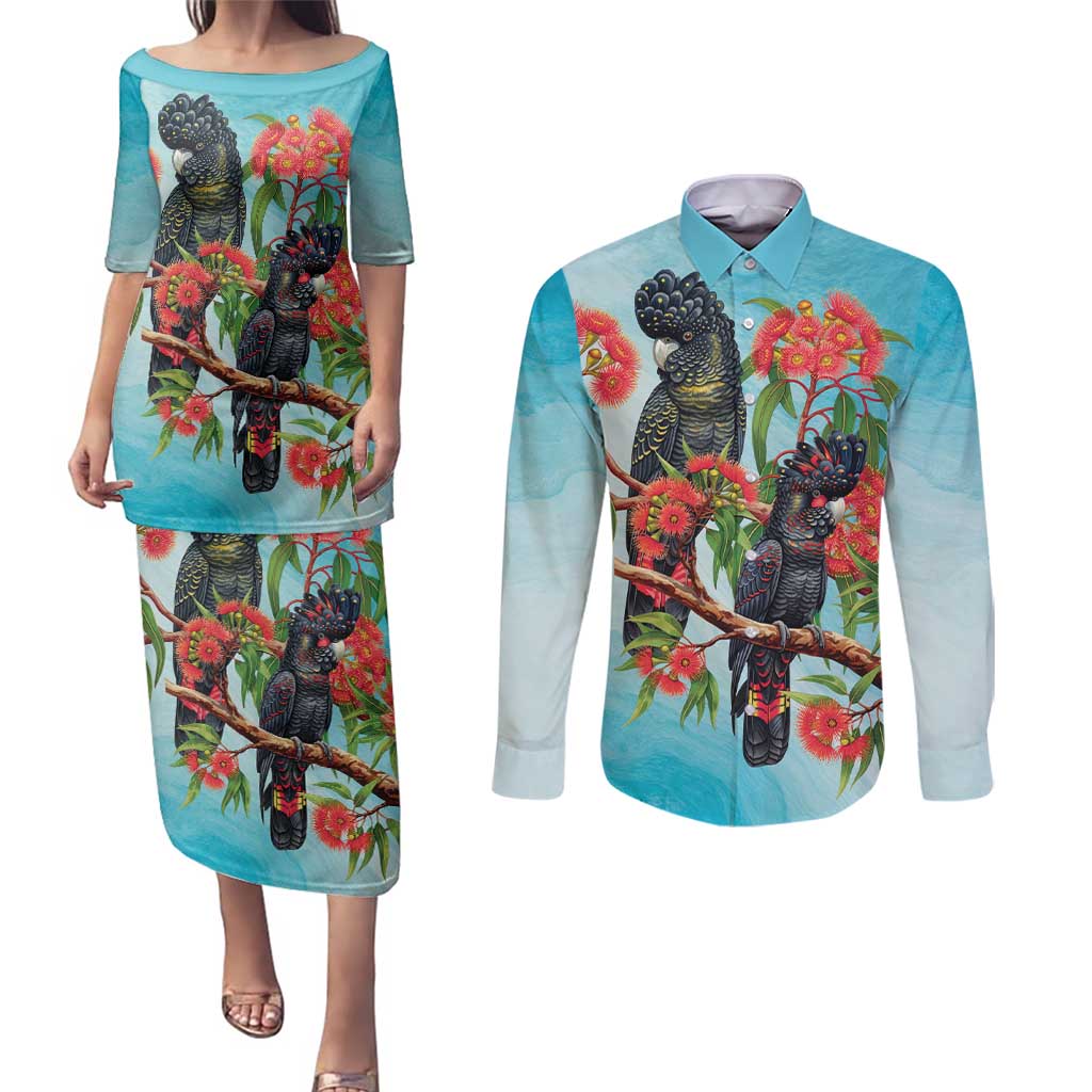Australia Black Cockatoo and Eucalyptus Couples Matching Puletasi and Long Sleeve Button Shirt Blue Spirit of Aussie Native Bird - Aussie Hoodie