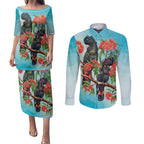 Australia Black Cockatoo and Eucalyptus Couples Matching Puletasi and Long Sleeve Button Shirt Blue Spirit of Aussie Native Bird - Aussie Hoodie