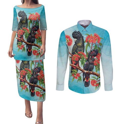 Australia Black Cockatoo and Eucalyptus Couples Matching Puletasi and Long Sleeve Button Shirt Blue Spirit of Aussie Native Bird - Aussie Hoodie